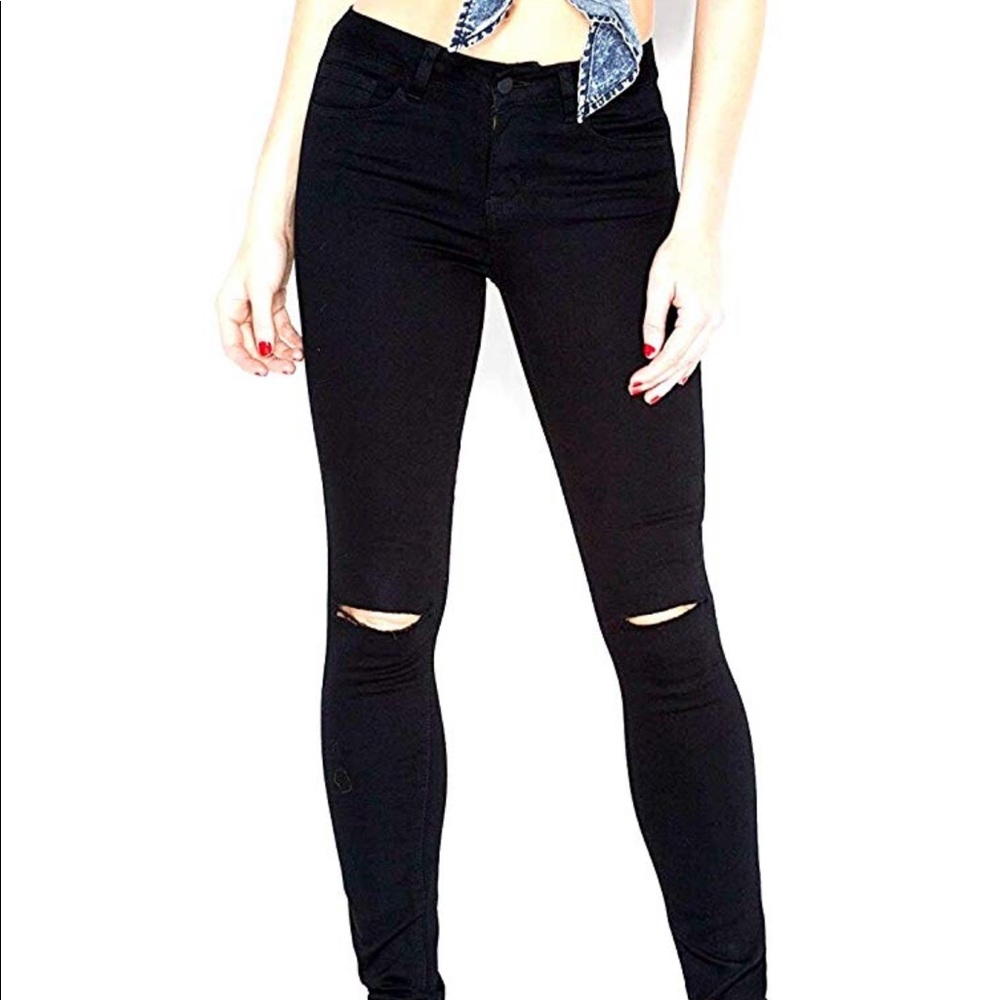 Skinny Knee Ripped Hole Black Jeans Pencil Pants